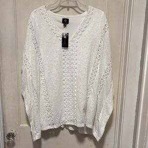 JM Collection Costal Grandma White V-Neck Floral Embroidered Top Brand New XL